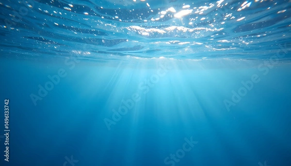 Obraz Underwater scene with serene mood and sun rays shining through blue water
