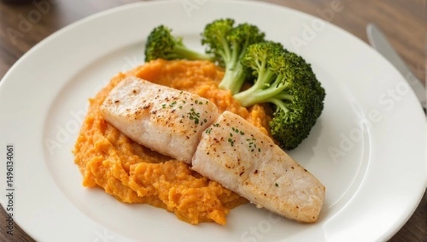 Obraz Nutritious heart healthy meal featuring grilled fish sweet potato mash and steamed broccoli elegantly presented with minimalist flair