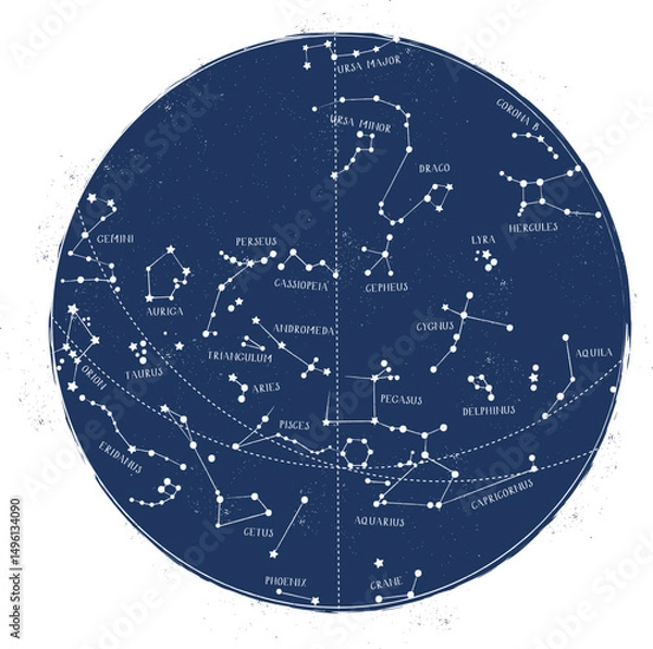 Obraz Vintage-style star map illustration of the northern celestial hemisphere. Ideal for astronomy, navigation, skywatching, and symbolic themes like mystery, destiny, orientation and the infinite universe
