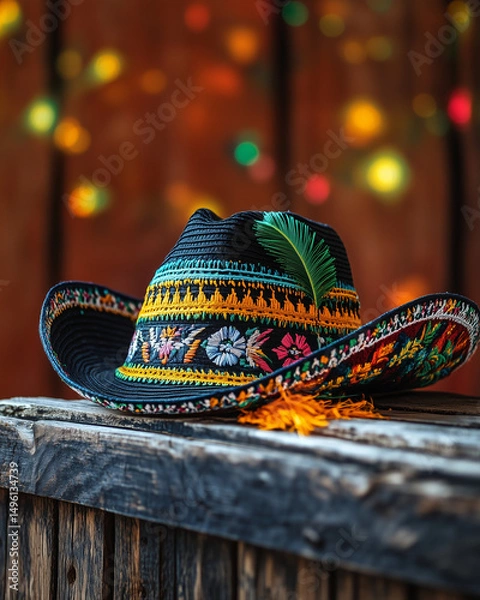 Fototapeta Colorful embroidered Mexican sombrero on rustic wooden surface