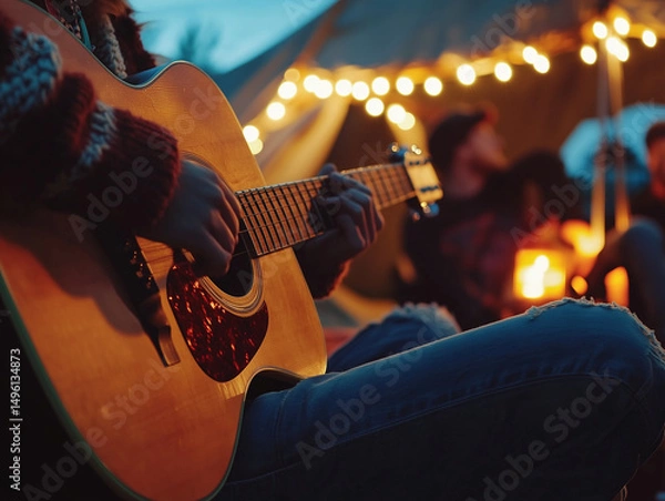 Fototapeta Person playing acoustic guitar at night campsite with string lights