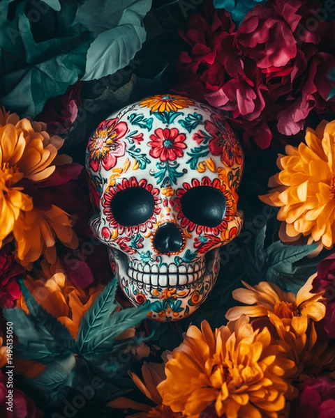 Fototapeta Floral painted sugar skull with marigolds for Day of the Dead