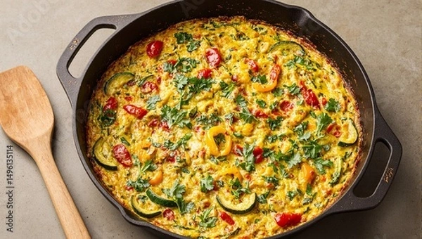 Obraz Delicious vegetable frittata with colorful bell peppers and zucchini garnished with fresh herbs in a rustic skillet setting
