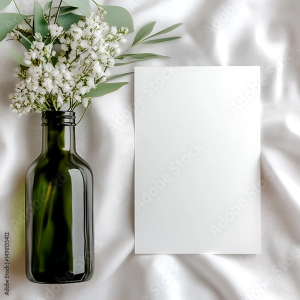 Obraz a minimalist wedding card mockup on table with white table cloth, 5x7 wedding program mockup standing up, lemon leaf greenery, sage greenery, eucalyptus greenery and tiny white flowers, cozy feel