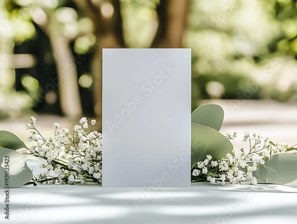 Obraz a minimalist wedding card mockup on table with white table cloth, 5x7 wedding program mockup standing up, lemon leaf greenery, sage greenery, eucalyptus greenery and tiny white flowers, cozy feel