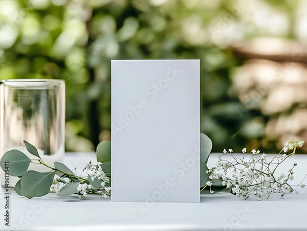 Obraz a minimalist wedding card mockup on table with white table cloth, 5x7 wedding program mockup standing up, lemon leaf greenery, sage greenery, eucalyptus greenery and tiny white flowers, cozy feel