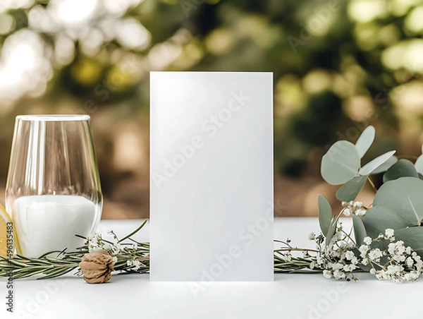 Obraz a minimalist wedding card mockup on table with white table cloth, 5x7 wedding program mockup standing up, lemon leaf greenery, sage greenery, eucalyptus greenery and tiny white flowers, cozy feel