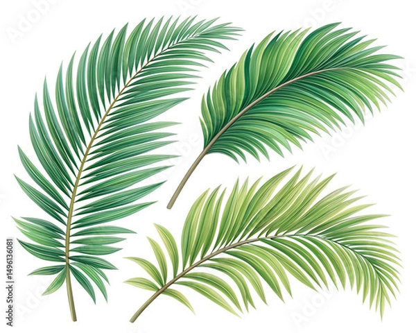 Obraz Green Palm Leaves, Realistic Coconut Palm Foliage PNG, Transparent Background