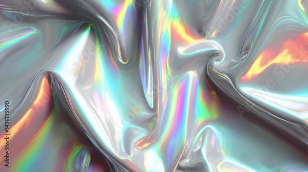 Fototapeta A silver iridescent hologram foil background shimmers with rainbow hues, symbolizing futuristic vision, transformation, illusion, and the beauty of shifting perspectives in a minimal form.

