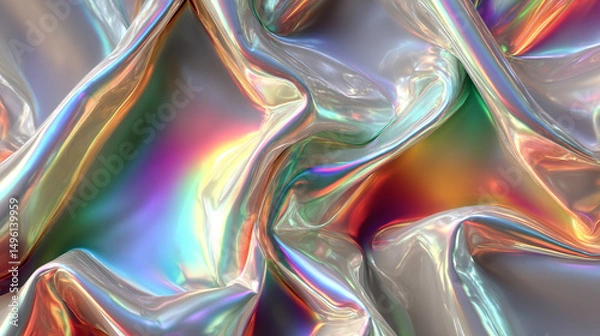 Fototapeta A silver iridescent hologram foil background shimmers with rainbow hues, symbolizing futuristic vision, transformation, illusion, and the beauty of shifting perspectives in a minimal form.
