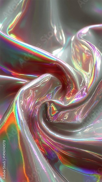 Fototapeta A silver iridescent hologram foil background shimmers with rainbow hues, symbolizing futuristic vision, transformation, illusion, and the beauty of shifting perspectives in a minimal form.
