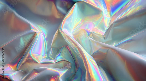 Obraz A silver iridescent hologram foil background shimmers with rainbow hues, symbolizing futuristic vision, transformation, illusion, and the beauty of shifting perspectives in a minimal form.
