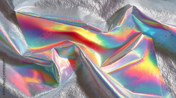Fototapeta A silver iridescent hologram foil background shimmers with rainbow hues, symbolizing futuristic vision, transformation, illusion, and the beauty of shifting perspectives in a minimal form.
