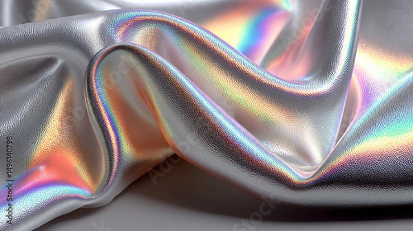 Fototapeta A silver iridescent hologram foil background shimmers with rainbow hues, symbolizing futuristic vision, transformation, illusion, and the beauty of shifting perspectives in a minimal form.
