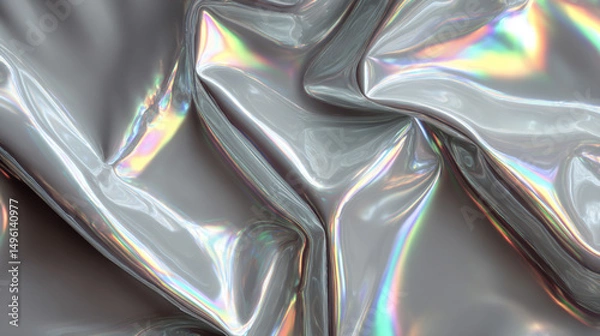 Obraz A silver iridescent hologram foil background shimmers with rainbow hues, symbolizing futuristic vision, transformation, illusion, and the beauty of shifting perspectives in a minimal form.
