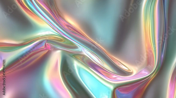 Obraz A silver iridescent hologram foil background shimmers with rainbow hues, symbolizing futuristic vision, transformation, illusion, and the beauty of shifting perspectives in a minimal form.
