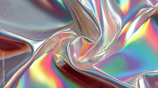 Fototapeta A silver iridescent hologram foil background shimmers with rainbow hues, symbolizing futuristic vision, transformation, illusion, and the beauty of shifting perspectives in a minimal form.
