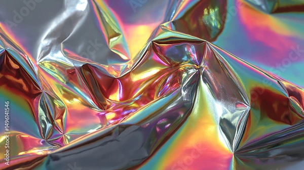 Fototapeta A silver iridescent hologram foil background shimmers with rainbow hues, symbolizing futuristic vision, transformation, illusion, and the beauty of shifting perspectives in a minimal form.
