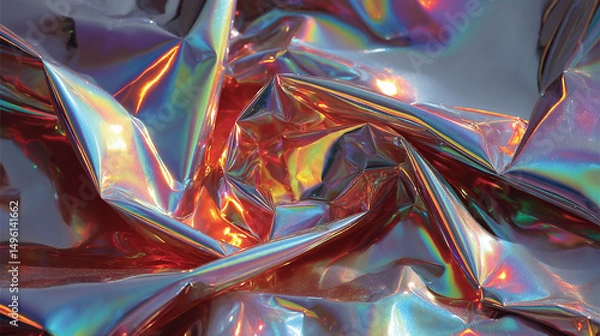 Fototapeta A silver iridescent hologram foil background shimmers with rainbow hues, symbolizing futuristic vision, transformation, illusion, and the beauty of shifting perspectives in a minimal form.
