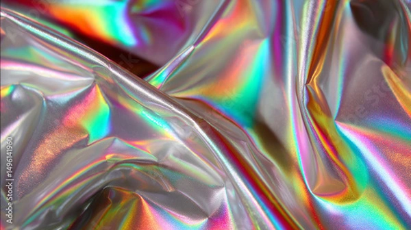 Obraz A silver iridescent hologram foil background shimmers with rainbow hues, symbolizing futuristic vision, transformation, illusion, and the beauty of shifting perspectives in a minimal form.
