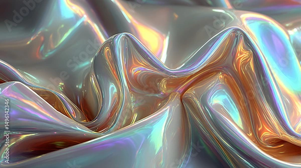 Obraz A silver iridescent hologram foil background shimmers with rainbow hues, symbolizing futuristic vision, transformation, illusion, and the beauty of shifting perspectives in a minimal form.
