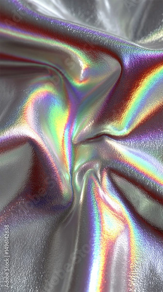 Fototapeta A silver iridescent hologram foil background shimmers with rainbow hues, symbolizing futuristic vision, transformation, illusion, and the beauty of shifting perspectives in a minimal form.
