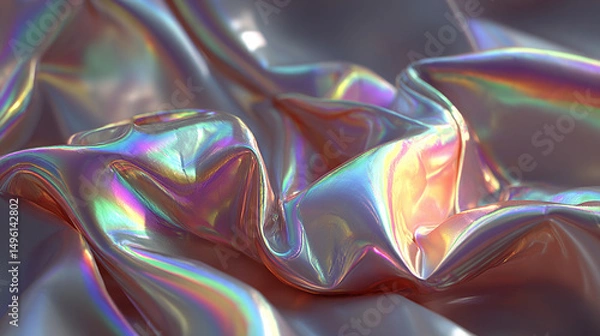 Obraz A silver iridescent hologram foil background shimmers with rainbow hues, symbolizing futuristic vision, transformation, illusion, and the beauty of shifting perspectives in a minimal form.
