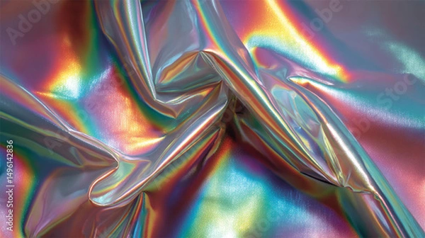 Fototapeta A silver iridescent hologram foil background shimmers with rainbow hues, symbolizing futuristic vision, transformation, illusion, and the beauty of shifting perspectives in a minimal form.

