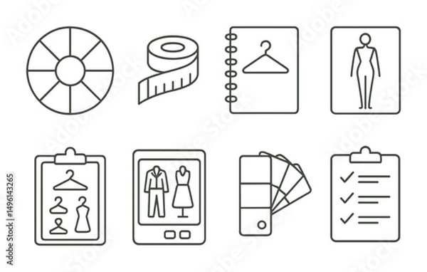 Fototapeta Line style icons of stylist’s essential tools: color wheel, measuring tape, style notebook, body shape chart, outfit planning board, digital tablet with looks, fabric swatch fan, closet evaluation