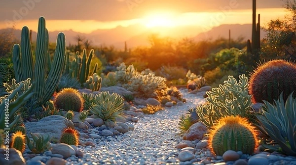 Fototapeta Desert landscape image featuring various cacti illuminated by the warm golden light of the setting sun beautifully