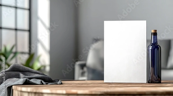 Obraz card mockup, stylishly arranged dark bottle and white card on a rustic table, surrounded by a cozy, sunlit interior creating a peaceful atmosphere