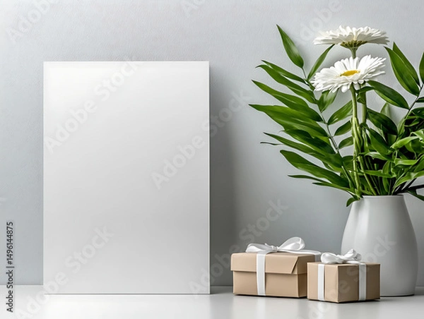 Obraz a visually pleasing setup featuring a blank canvas for card mockup, neatly wrapped gift boxes, and a vase with vibrant flowers, perfect for art presentations or celebrations