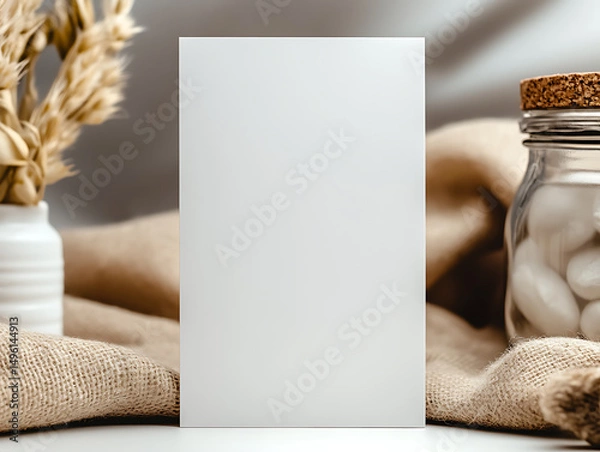 Obraz a visually pleasing setup featuring a blank canvas for card mockup, neatly wrapped gift boxes, and a vase with vibrant flowers, perfect for art presentations or celebrations