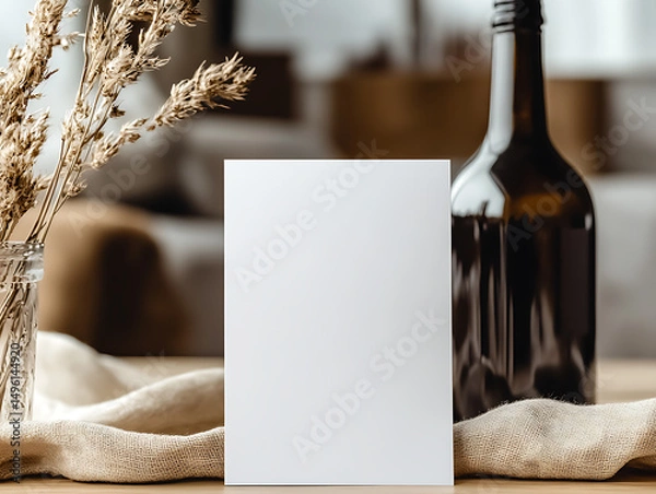 Obraz a visually pleasing setup featuring a blank canvas for card mockup, neatly wrapped gift boxes, and a vase with vibrant flowers, perfect for art presentations or celebrations