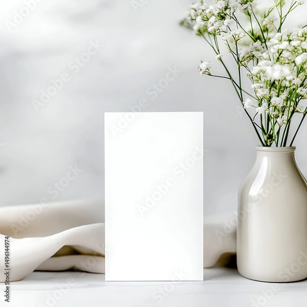 Obraz a visually pleasing setup featuring a blank canvas for card mockup, neatly wrapped gift boxes, and a vase with vibrant flowers, perfect for art presentations or celebrations