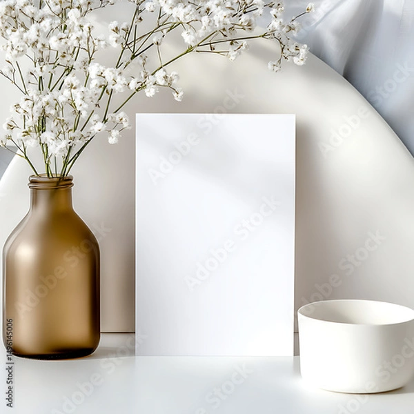 Obraz a visually pleasing setup featuring a blank canvas for card mockup, neatly wrapped gift boxes, and a vase with vibrant flowers, perfect for art presentations or celebrations