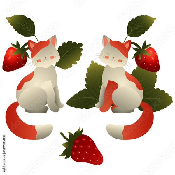 Fototapeta Two white cats with red spots on the background of strawberry bushes. Vector illustration isolated on a white background.