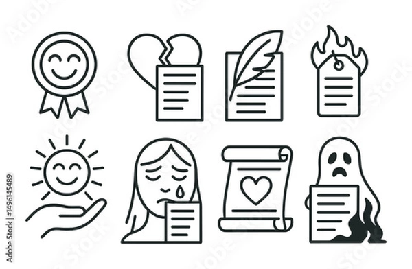 Fototapeta Line style icons of emotional poetry themes: joy in verse badge, heartbreak poem icon, nostalgia feather symbol, anger in lines tag, hope and healing icon, grief in stanzas, love poem scroll, fear