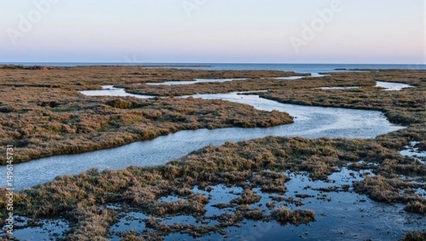 Obraz Tranquil coastal marsh at low tide with meandering water channels mirroring gentle dusk light Serene nature scene