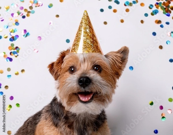 Obraz on the left is a portrait of a terrier dog in a cap on his head the concept of a birthday celebration around confetti on a white background on the right is a place for text