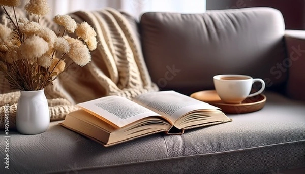 Obraz open book tea cup dried flowers and knitted throw on couch
