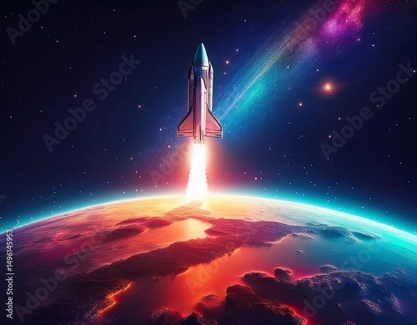 Obraz vibrant illustration of spaceship launching into space leaving a colorful trail over the earth with starry night sky background
