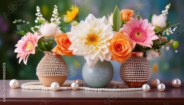 Obraz three elegant vases filled with pearls and vibrant flowers are arranged beautifully on a table creating a charming decorative display