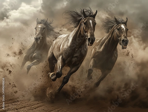 Fototapeta  Three powerful horses running through dust with dramatic clouds