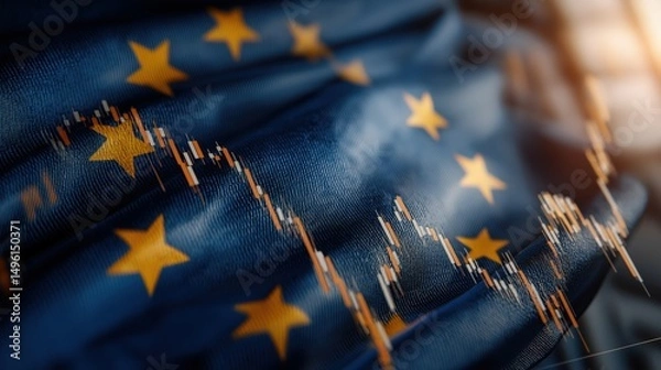 Fototapeta UE flag and stock market graph demonstrate symbolic economic resilience and growth trends in European markets