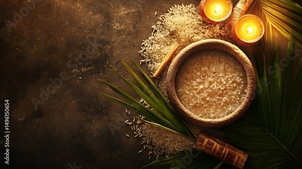 Obraz White rice in a rustic bowl, surrounded by natural elements.