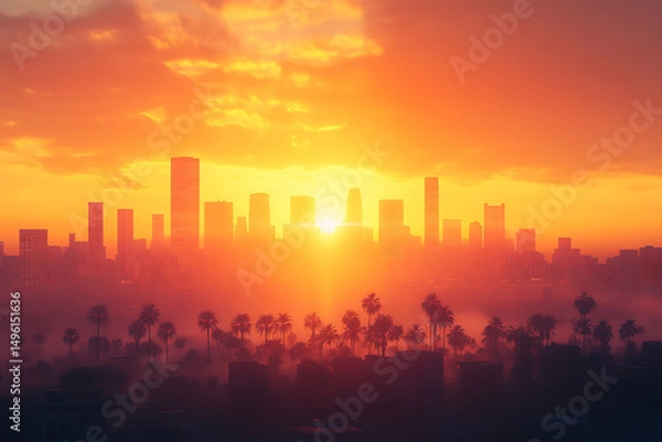 Obraz Los Angeles, La California, New York City, with Sunlight, Urban Skyline at Sunset with Vibrant Orange and Yellow Hue