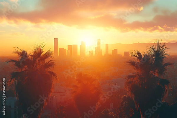 Obraz Los Angeles, La California, New York City, with Sunlight, Urban Skyline at Sunset with Vibrant Orange and Yellow Hue