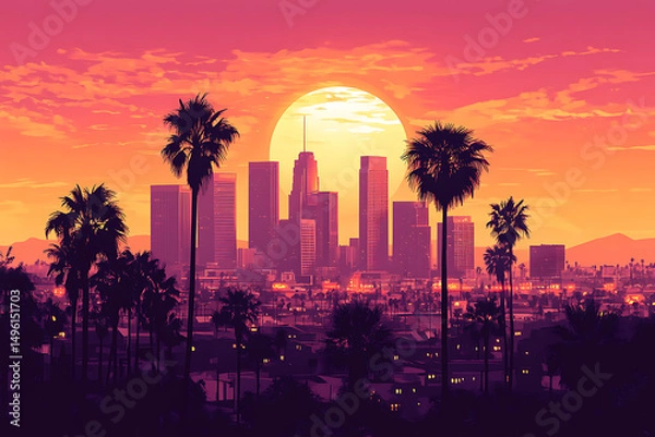 Obraz Los Angeles, La California, New York City, with Sunlight, Urban Skyline at Sunset with Vibrant Orange and Yellow Hue