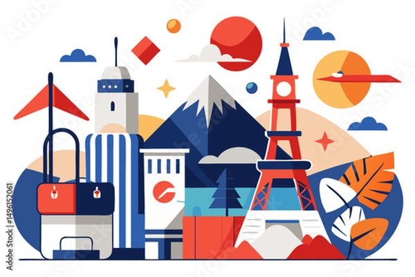 Obraz A vibrant flat vector illustration featuring a blue vintage suitcase adorned with various travel stickers and a passport, symbolizing global travel, adventure, tourism, and wanderlust.